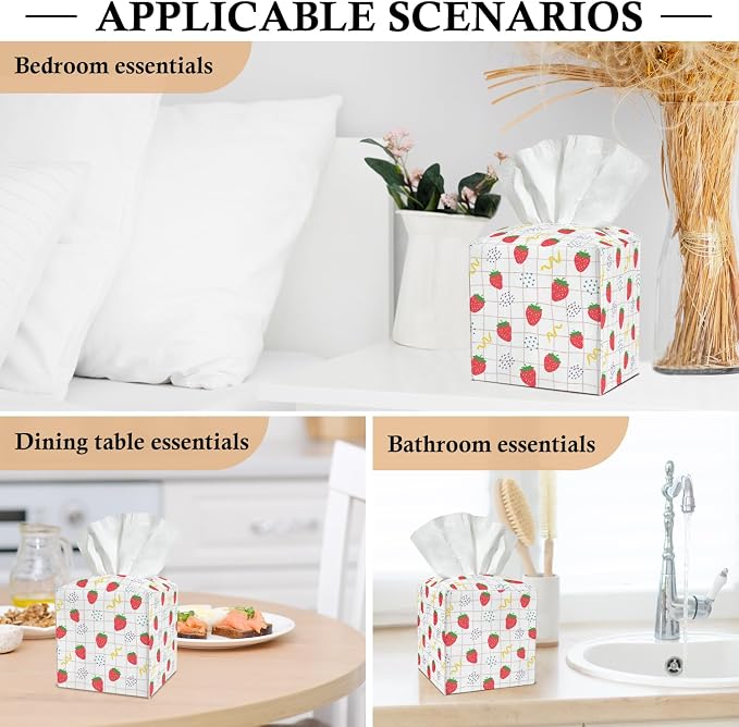Strawberry Tissue Box Covers Square, Leather Tissue Box Holders Decorative for Car Nightstand Home Office Bathroom Organizer, Square Facial Paper Organizer Home Decor -016