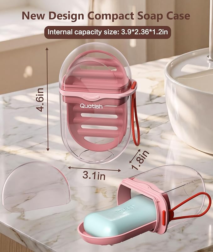 Quatish Leakproof Travel Soap Case with Lid, Shatterproof Bar Soap Holder Dish Container, Portable Travel Size Toiletries Camping Essentials for Gym, Dorm, Bathroom, Pink