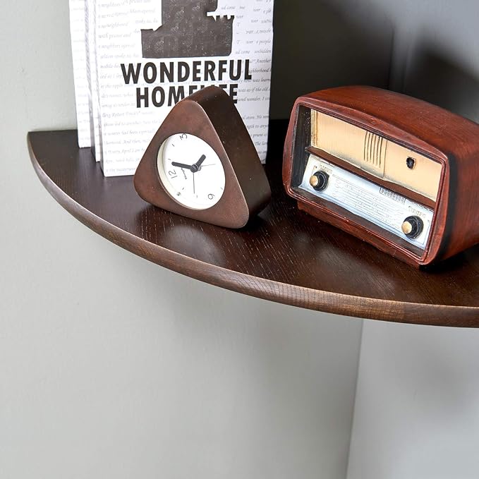 Corner Shelf,16inch Walnut Solid Wood Floating Corner Shelves Wall Mount Round End Floating Speaker Rack with Wire Hole for Small Plant for Bedroom Kitchen, Living Room