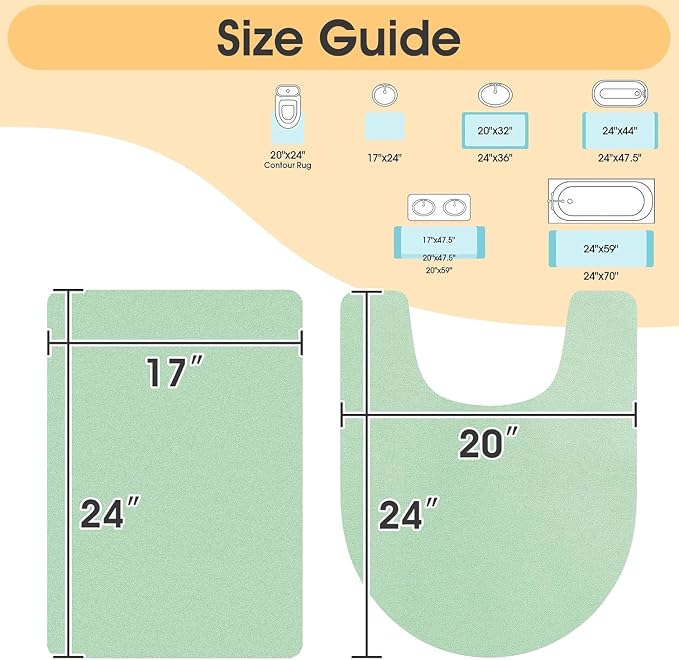 Non Slip Bath Mat, Thin Bathroom Rugs Fit Under Door, Quick Dry Bath Mats, Machine Washable Bath Rugs for Bathroom, Bathtub & Kitchen, Bathtub, Sage Green/Solid/2 Piece