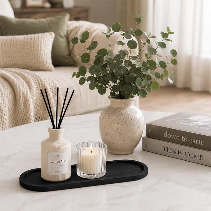 SheeChung Bathroom Counter Tray, Small Bamboo Vanity Tray - 10.3" x 3.6" | 2 PCS Black, Decorative Countertop Organizer for Soap Dispenser, Perfume, Jewelry, Catchall, Makeup, Candle, Coffee Table