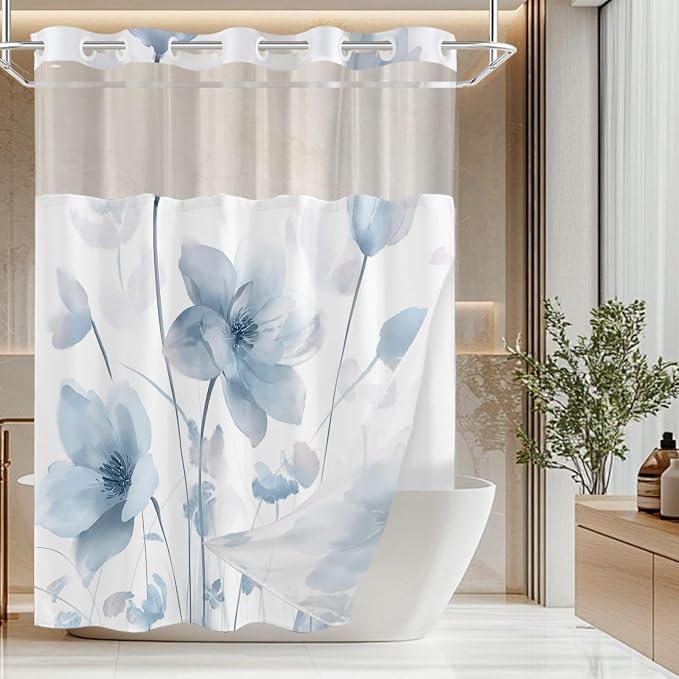 No Hook Shower Curtain and Liner Set, Blue Boho Floral 71x74 | Watercolor Boho Flower, with Snap in Liner, Waterproof, Machine Washable, Quick-Drying, for Hotel Bathroom