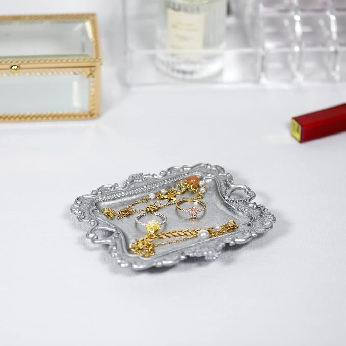 Funly mee Antique Trinket Dish Vintage Metal Jewelry Tray, Ring Holder (Sliver, S)