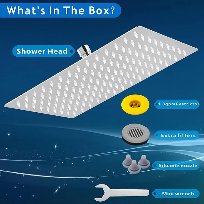 Voolan Rain Shower Head - High Flow Large Rainfall Shower Heads Made of Stainless Steel - Waterfall Bathroom Square Showerhead - Ceiling or Wall Mount (12 * 8 Inch Rectangle, Chrome)