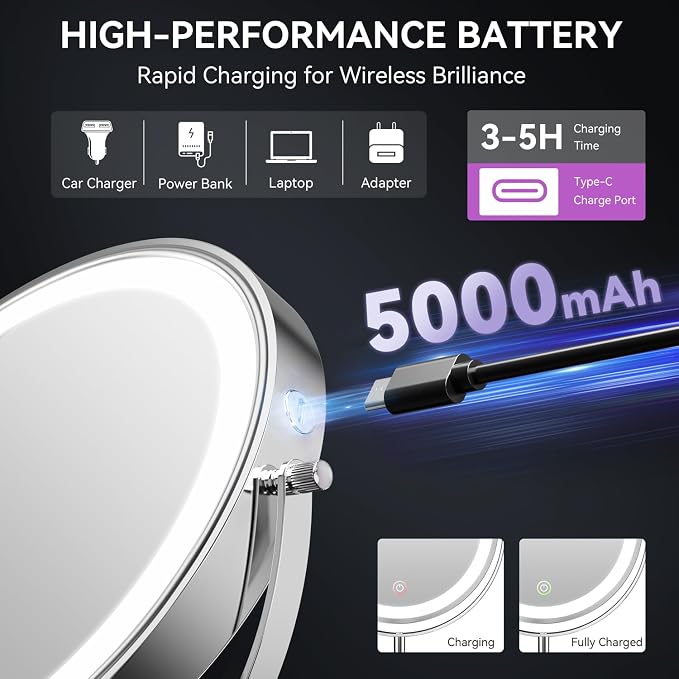 Auxmir 9" 5000mAh Magnifying Mirror, 1X/30X Lighted Makeup Mirror | rechargeable battery, 3 dimmable colors, 14.9-18.5" adjustable height, 360° rotation, stable base, 30X magnification