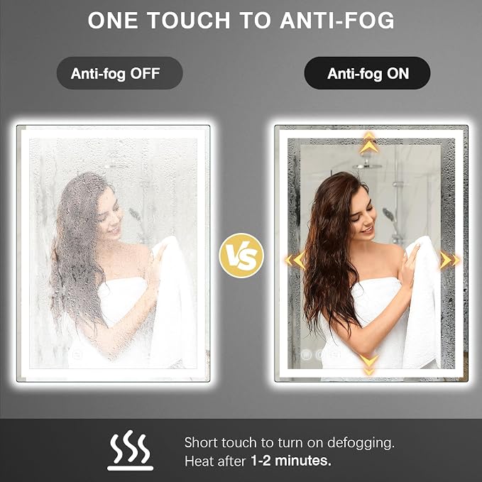 28" x 36" LED Bathroom Mirror with Lights, Memory Vanity Mirror | Anti-Fog, 3 Color Modes, Dimmable, Front Lit, Memory Function, Tempered Glass, Lighted Bathroom Mirror for Wall