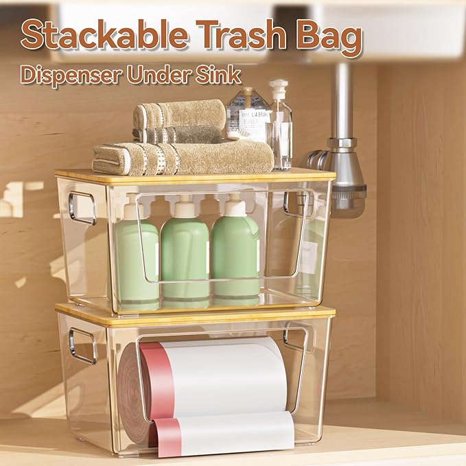spospo 3 Pack Trash Bag Holder with Bamboo Lid Stackable Trashbag Dispenser | Extra Large Garbage Bag Holder for Kitchen Laundry Room Under Sink Organization and Storage
