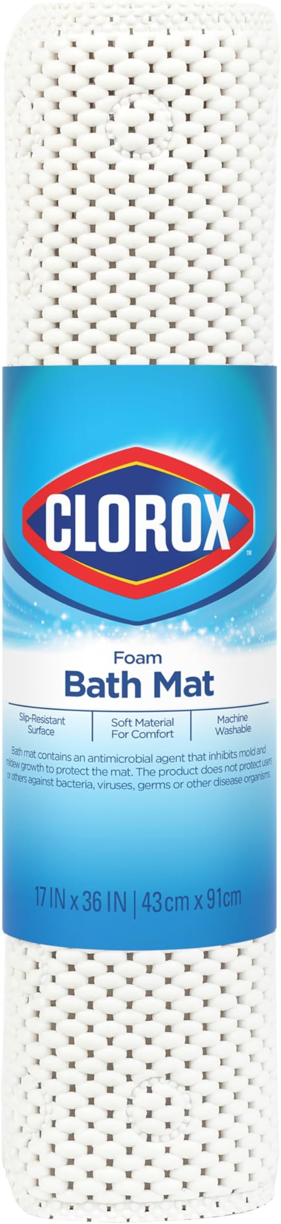 Duck Brand Clorox Cushioned Foam Bath Mat for Tubs, Non-Slip with Suction Cups, 17 Inches x 36 Inches, White