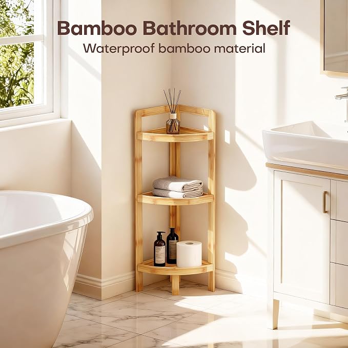 2026 New Bamboo Standing Shelf, 3 Tier Corner Shelf Stand, Free-Standing Shelf Units, Triangular Curved Corner Shelf Stand for Space-Saaving Display Ideal for Bathroom/Kitchen/Living Room Storage