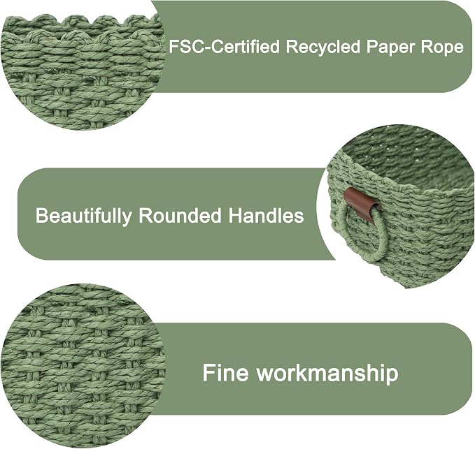 Small baskets for Organizing,Cute woven Storage basket with recycled paper rope for Shelves Bathroom,Little decorative basket,Set of 3 (Dark Green)