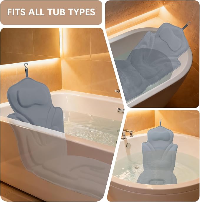 59'' Full Body Bath Pillow for Bathtub 6D Air Mesh 144 Suction Cups | Bath Pillow Luxury Bathtub Pillow 3.7'' Head, Neck and Back Support Bath Tub Pillow Extra-Large 59 x 20 Inch Size