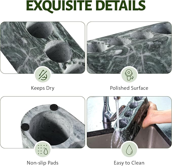BCS Toothbrush Holder for Bathrooms, 4 Slots Marble Toothbrush and Toothpaste Holder Stand Bathroom Organizer Countertop for Electric Toothbrush, Floss, Razor, Comb - Verde
