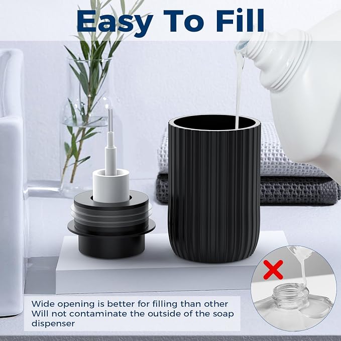Ceramic Foaming Hand Soap Dispenser, 12 oz Bathroom Soap Dispensers, Lotion Dispenser for Kitchen, Refillable Matte Streaks Soap Dispenser with Large Pump (Black)