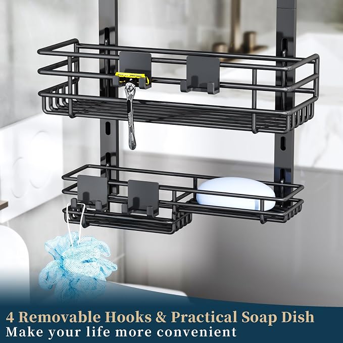 Consumest Over The Door Shower Caddy - 5 Tier Adjustable Shower Organizer Hanging with 2 Toothbrush Holders & 4 Hooks, Rustproof Organizer Shelf, Storage Rack for Bathroom, Black