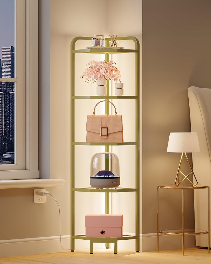 Hzuaneri Corner Shelf with LED Lighting, 5-Tier Glass Bookshelf | Steel Frame, Tempered Glass, Modern Style Corner Shelf, Suitable for Living Rooms, Bedrooms and Games Rooms CS09599G