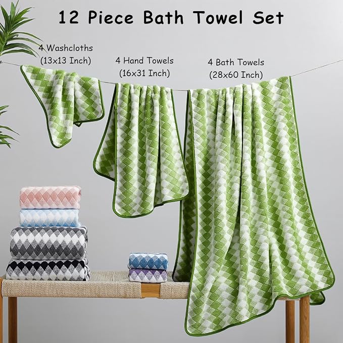 12 Pcs Dark Green White Diamond Towel Set-4 Bath Towels,4 Hand Towels,4 Washcloths Soft Polyester Bath Towel with Loop Absorbent Shower Towel Quick Dry Family Towels for Bathroom Spa Gym