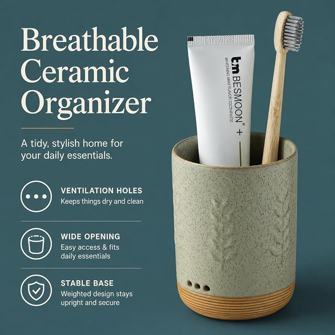 LYEOBOH Toothbrush Cup, Toothbrush Holder, Toothbrush Holder for Bathroom | Ceramic Single Toothbrush Holder, Tooth Brush Organizer with Drainage, Multi-use Toothbrush Storage for Family & Kids, Green