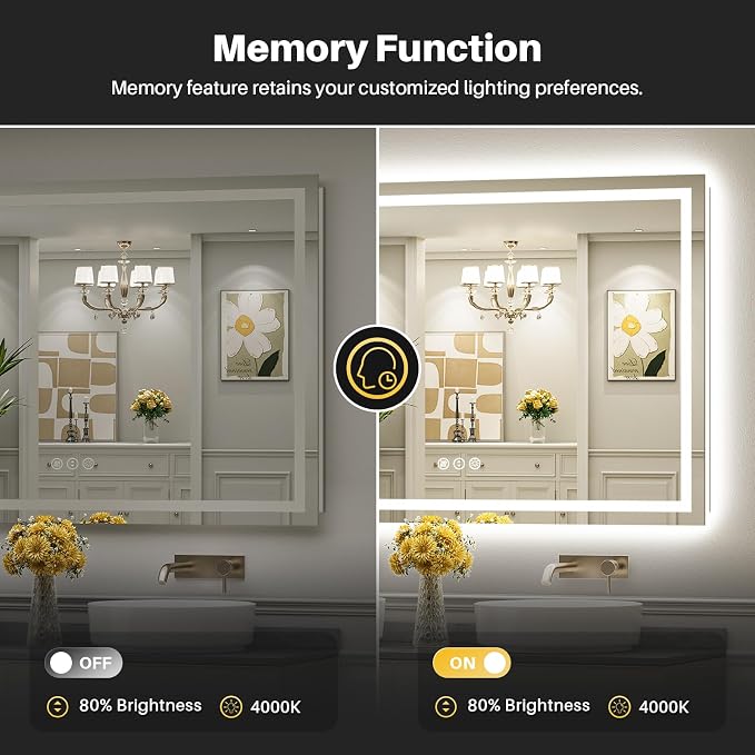 72x48 Inch LED Bathroom Mirror with Lights, Dual Lit Anti-Fog | 3 Color Dimmable, Memory Function, HD Reflection Tempered Glass, ETL Listed, IP54 Waterproof