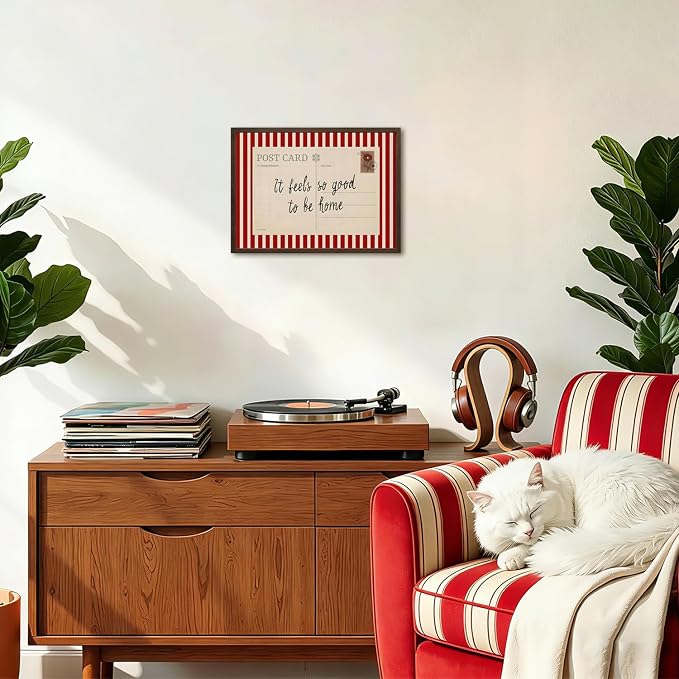 Vintage It Feels so Good to be Home Wall Art Mid Century Positive Quote Postcard Decor Picture, Trendy It's so Good to be Home Striped Poster Canvas Print 12x16 inch Walnut Wood Framed