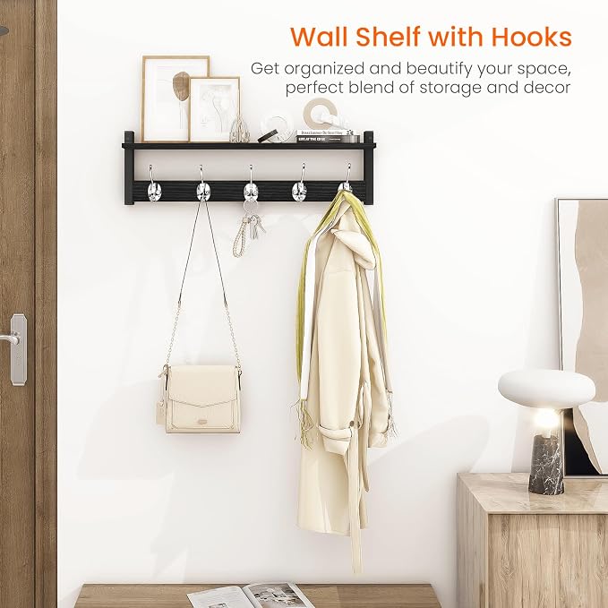 Coat Rack Wall Mount with Shelf, 24" Long Entryway Shelf with Hooks Underneath, Wooden Coat Hanger for Hanging Hats, Bathroom Towels, Clothes, Black