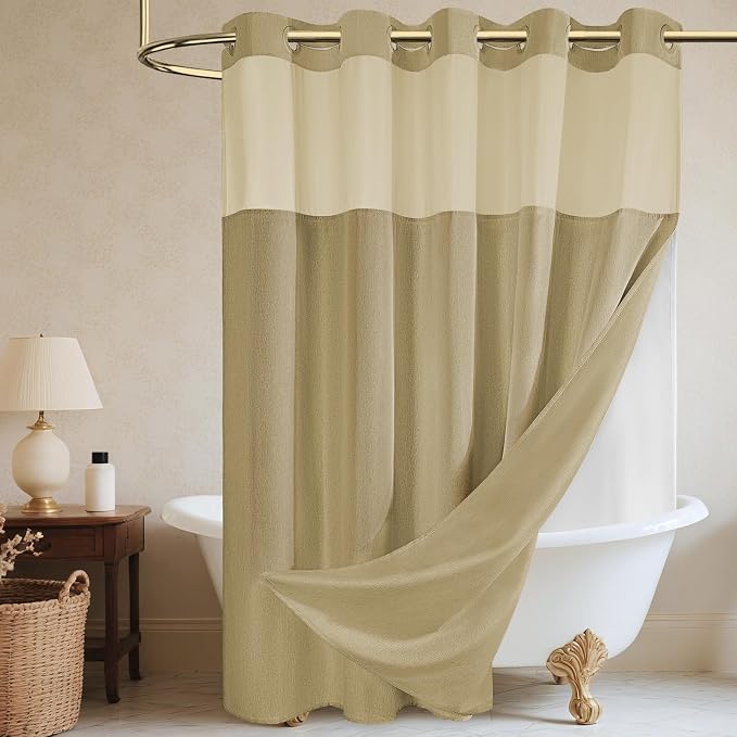 WONICY No Hook Shower Curtain with Snap-in Liner, Khaki, 71 x 74 Inch | Ringless, Waterproof & Washable, Hotel Style, Mesh Top Window, Bottom Magnets, Thick, Farmhouse, for Bathroom
