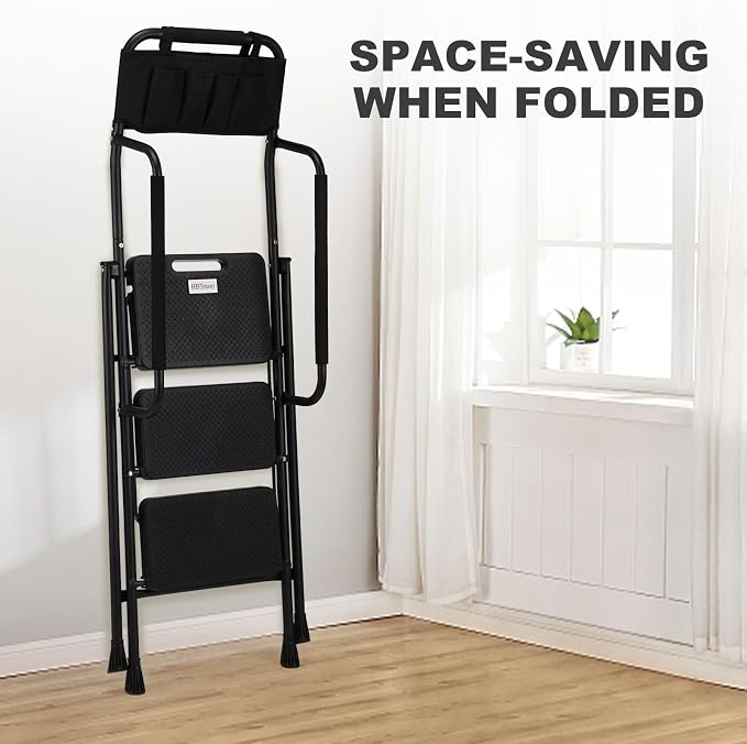 HBTower Step Ladder with Handrails, 3 Step Ladder with Attachable Tool Bag | Anti-Slip Wide Pedal for Home Kitchen Pantry Office, Black