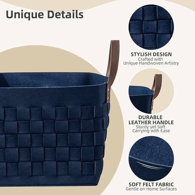 Blankets Basket 16.5 " x13 x13 , Extra Large Rectangular Laundry Hamper with Leather Handle, Soft Dog Toy Basket for Storage-Navy Blue