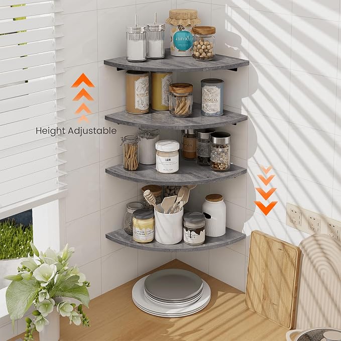 Corner Floating Shelves, Round Corner Shelf Wall Mount Set of 4 | Cord Hole, 12 Inch Wood Curved Corner Hanging Shelf for Cable Box, Speaker, TV Cords, Books, Plants, Rustic Grey