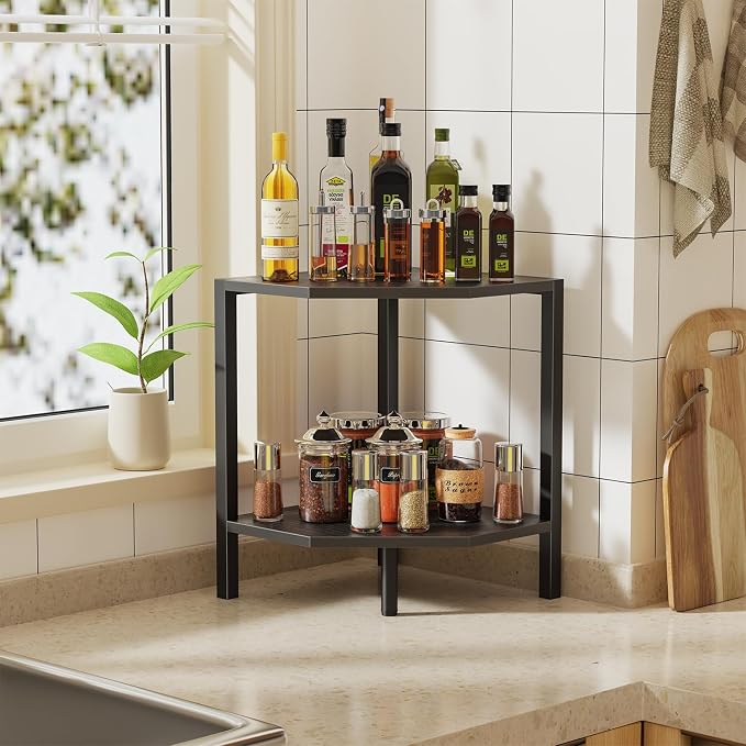 Creso hom Corner Shelf Stand, 2 Tier Industrial Corner Bookshelf | Multipurpose Standing Corner Display Shelf Countertop Organizer for Living Room Kitchen Bedroom Office, Black