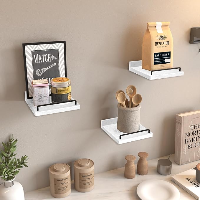 RYOFOBETTO Small Floating Shelf, 6 X 6 Inches Farmhouse Wall Shelves for Living Room, Bedroom, Picture Frames, Plants, Kitchen, Set of 3 (White and Black)