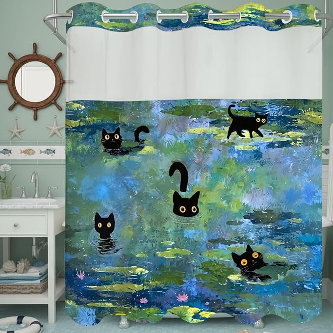 Accnicc Cute Cat No Hook Shower Curtain with Snap in Liner 71×74 Inch | Funny Fun Cool Cats Monet Hookless Shower Curtains, Water lilies Bath Curtain Decor, Waterproof Washable Polyester Fabric