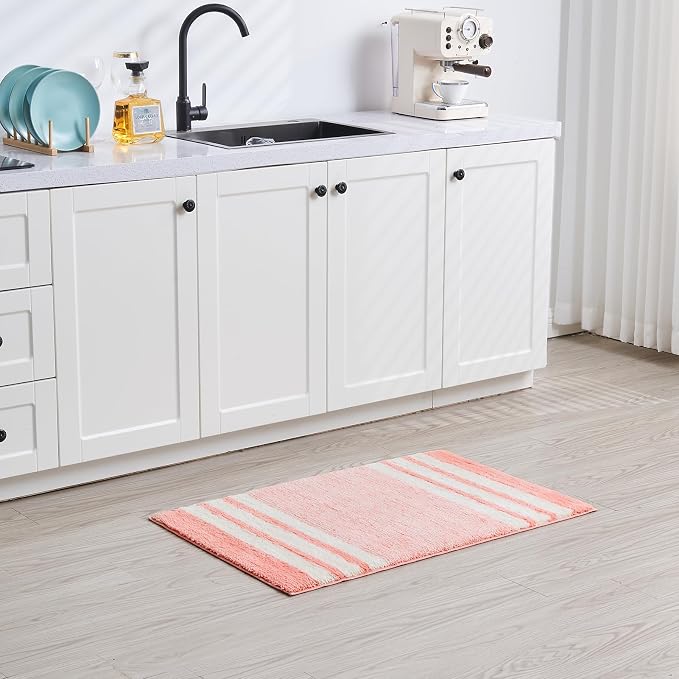 CozeCube Blossom Pink Striped 36"x24" Non Slip Washable Bath Mat | For Bathroom, Fluffy Absorbent Microfiber Bath Mats Machine Wash, Stylish Large Aesthetic Bathroom Rugs