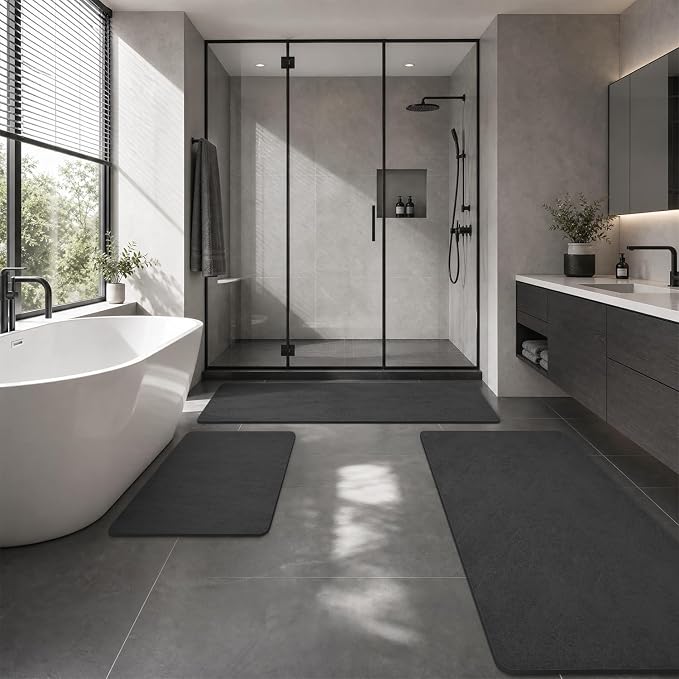 MontVoo -Bath Mat-Rubber Backing Non Slip Quick Dry Absorbent Thin Bathroom Rugs Fit Under Door-Faux Suede Surface Bathroom Floor Mats-Shower Rug for in Front of Bathtub Shower Dark Grey Rug Set