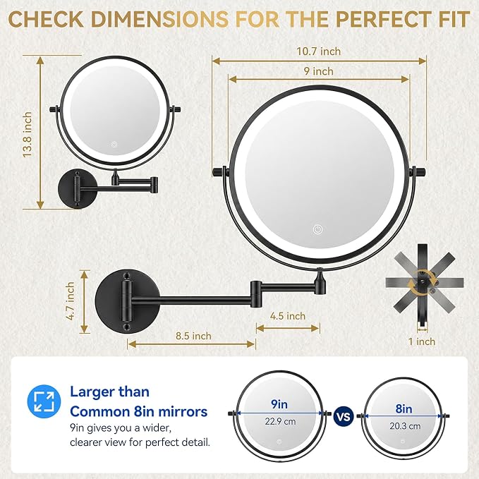 Auxmir 9″ 5000mAh 1X/30X Wall Mounted Lighted Magnifying Makeup Mirror | Power Adapter&2 Tweezers Included/ 3 Dimmable Colors/ Dual Sided Button Control/ Rechargeable/ 360° Rotation Extended Arm