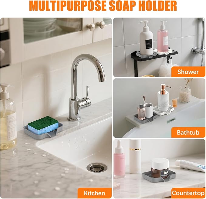 2 Pack Silicone Soap Dish for Shower with Self Draining 4.7"×3.9" Gray | Soap Holder for Bathroom, Silicone Sponge Holder for Kitchen Sink, Soap Tray for Dispenser, Scrubber, Bottle