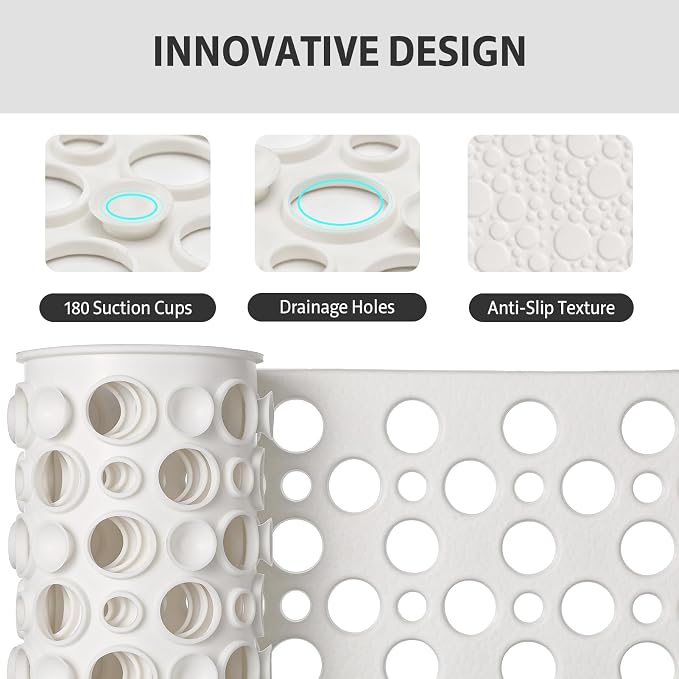 Shower Mat Non Slip Bath Mat for Tub - 35" x 16" Soft TPE Bathtub Mat Non Slip Shower Mats for Inside Shower, Anti Slip Shower Mat with Suction Cups, Quick-Drying Bath Tub Mat, White