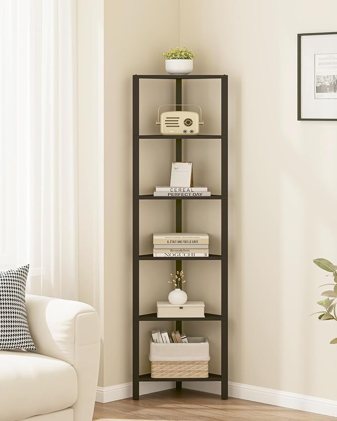 TUTOTAK Corner Shelf, 6-Tier Corner Bookshelf for Small Space | Narrow Display Corner Shelf Stand with Storage Rack, for Living Room, Bedroom, Black BS05BK006