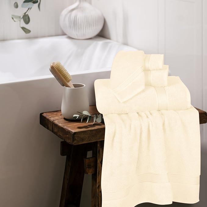 Ultra Soft 6 Pack Cotton Towel Set, Contains 2 Bath Towels 28x55 inch, 2 Hand Towels 16x24 inch & 2 Wash Coths 12x12 inch, Ideal for Everyday use, Compact & Lightweight - Ivory
