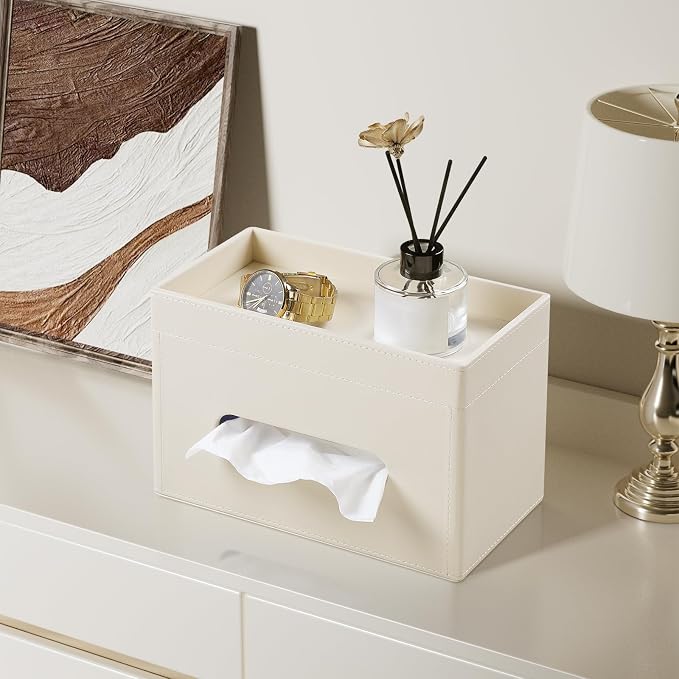 Plus Size Tissue Box Cover, Rectangle Tissue Box Organizer, Beige | Fit 180/230 Count Tissue Boxes, Storage Tray, PU Leather Large Tissue Box Cover, Rectangular Tissue Box Holder for Bathroom