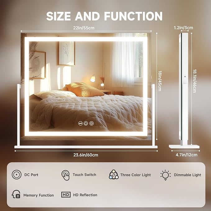 Hasipu Vanity Mirror with Lights, 23.6" x 18.1" LED Makeup Mirror, Light up Mirror with Smart Touch 3 Colors Dimmable, Brightness Adjustment, 360° Rotation (White)
