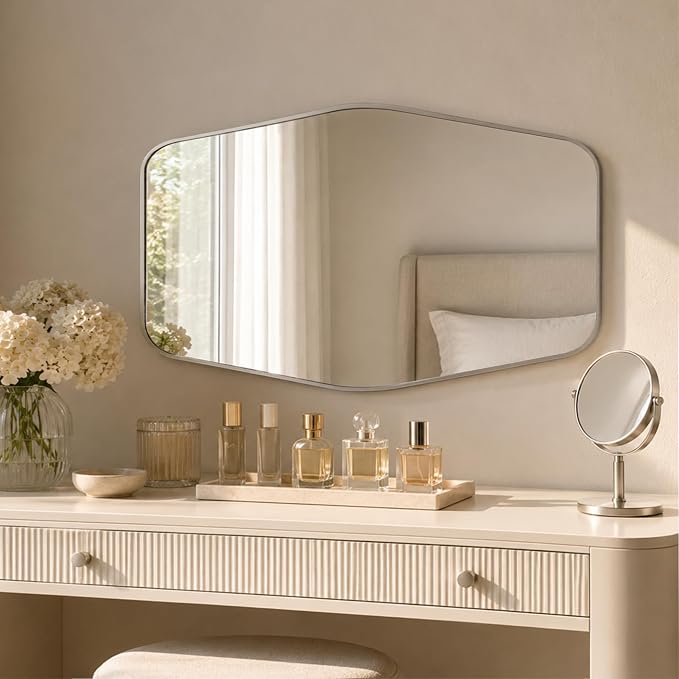 Brushed Nickel Tapered Rectangle Bathroom Mirror, 24x36 Inch | Aluminum alloy frame, tempered glass, two-way keyhole mount, for bedroom, hallway, console