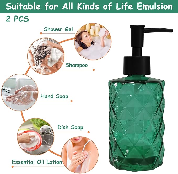 YYTSGG Green Bathroom Soap Dispenser Set with Black Plastic Pump, 12oz | Glass Lotion Dispenser, Crystal Hand Soap Dispenser for Modern Home Decor, Kitchen Countertop, Hotel