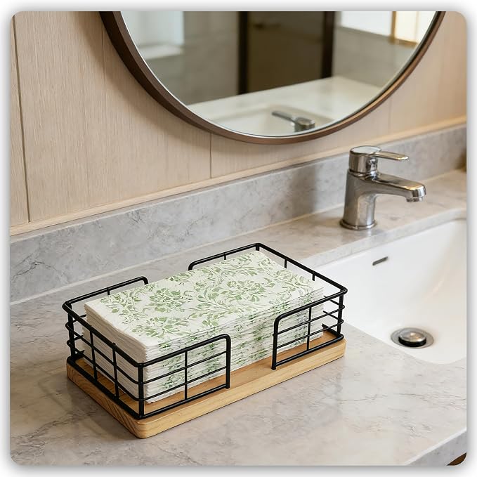 Kordory Wooden Disposable Guest Towel Holder Tray for Bathroom, Home | Bamboo Counter Rectangular Bathroom Napkin Holder for Ktichen, Disposable Hand Towel Holder Tray-Natural Wood