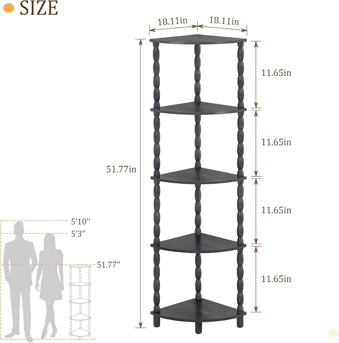 MaxSmeo Corner Shelf, 5-Tier Corner Bookshelf, Stylish Corner Storage Display Shelves for Bedroom, Bathroom, Kitchen, Living Room (Charcoal Gray)