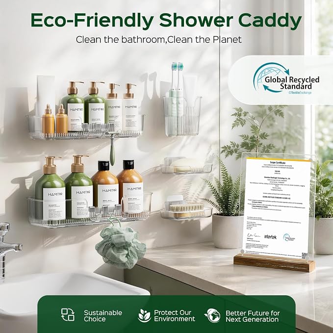 HAMITOR 5 Pack Adhesive Shower Caddy, Clear Transparent Shower Organizer | Modern Clear Design, Waterproof Adhesive Setup, Quick Drainage Shelves, Perfect for Homeowner, Apartments & Stylish Bathrooms
