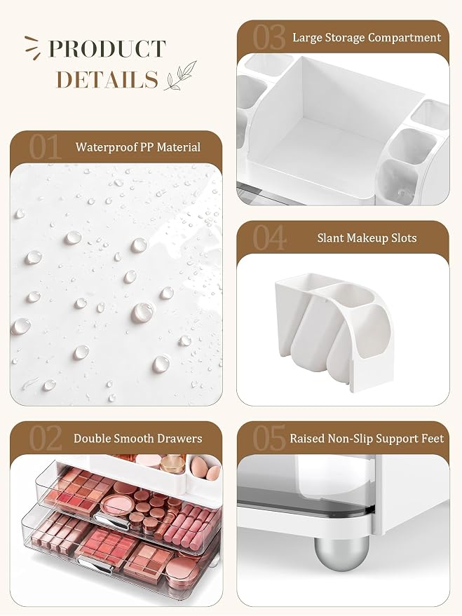 Large Makeup Organizer Countertop for Vanity Skincare Organizers | Bathroom Organizers and Storage with Brushes Holders, Waterproof Cosmetic Organizer for Perfumes Lipsticks Nail Polish, White