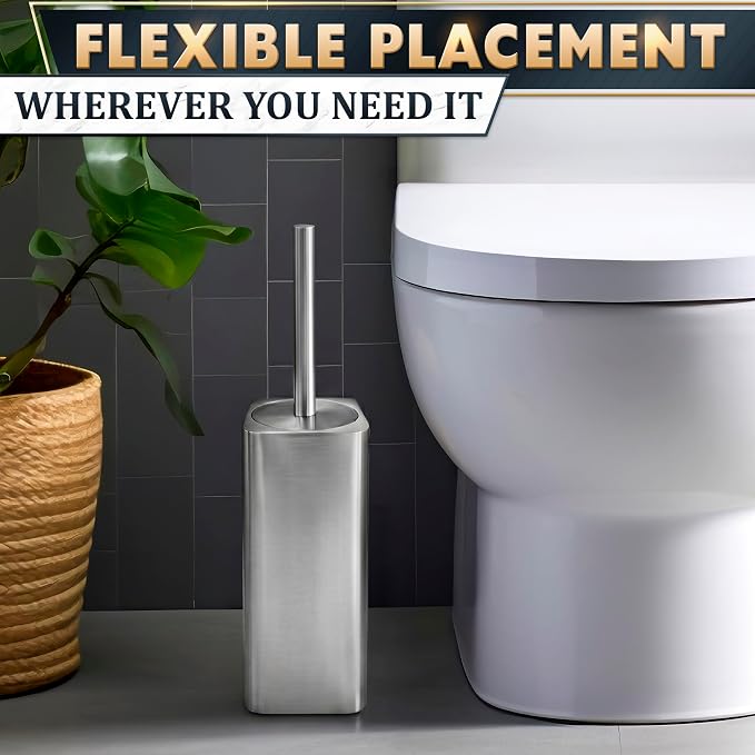Toilet Brush and Holder Set, Stainless Steel, Replaceable Head (Silver) | Stainless Steel Toilet Bowl Brush and Holder with 2 Rounded Corners, Removable Inner Bowl & Splash Guard Cover