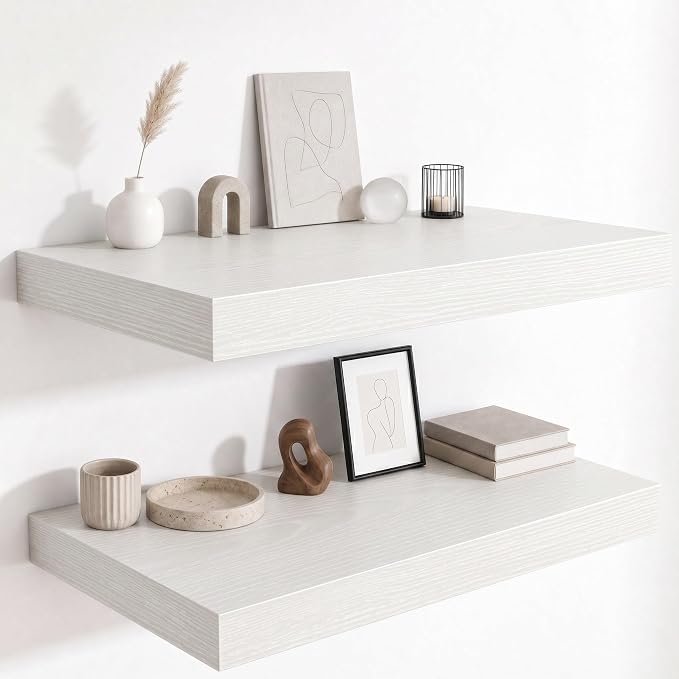 12 Inch Deep Floating Shelves for Wall, 24 Inch Wide Wall Shelves Set of 2, 2 Inch Thick Heavy Duty Invisible Wall Mounted Shelves for Kitchen Living Room,White