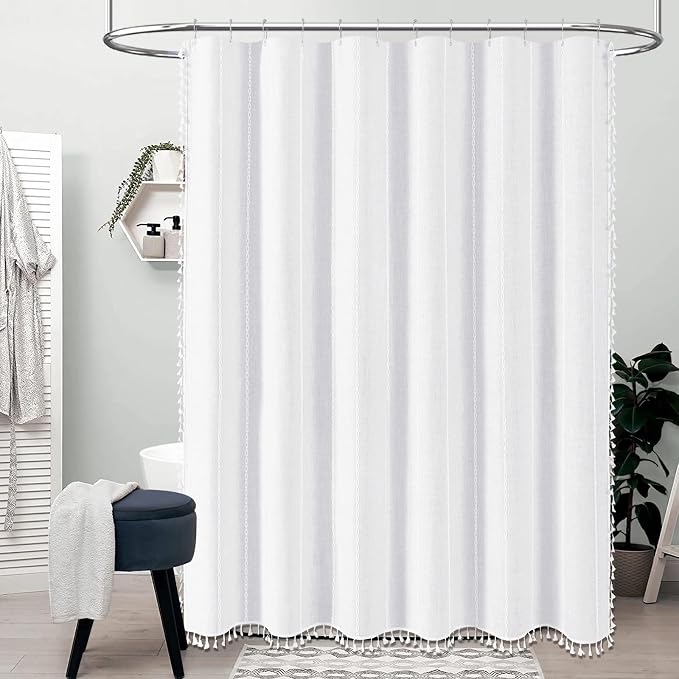 54x78 Boho Farmhouse Linen Heavy Duty Cloth Shower Curtain Set, White | Narrow Long Size, 330GSM Linen Blend, Water Repellent, Vintage Striped Fabric, 10 Hooks, Rustic Country, Machine Washable