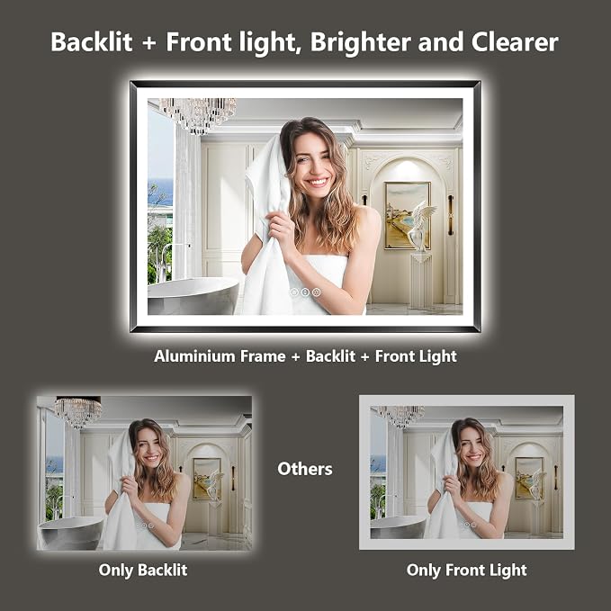 48x36 LED Bathroom Mirror with Lights, Black Lighted Mirror | Backlit and Front light, Anti-Fog, 3 Color Dimmable, Memory, Tempered Glass, IP54 Waterproof, UL Listed